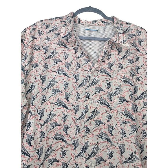 Columbia Shirt Mens XXL 2XL White Geometric PFG Fish Fishing Button Up Collared - Picture 9 of 16